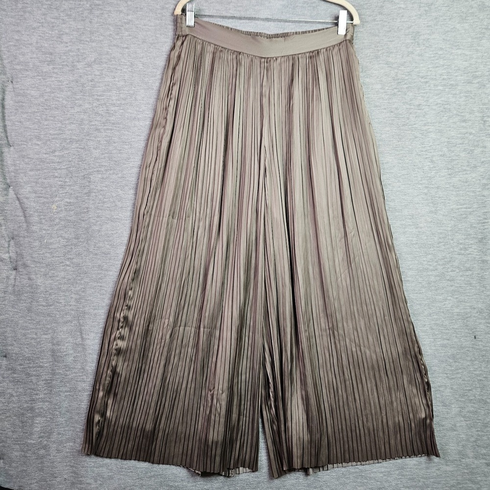 Tahari Women Pleated Wide Leg Pants Size Large Taupe Satin Pull On